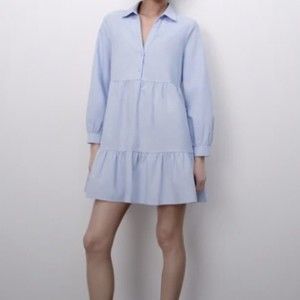 Zara Tiered Ruffle Long Sleeve Smock Shirt Dress in Chambray Blue Small